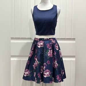 Sequin Hearts Set Navy and Pink Floral A-Line Skirt And Crop Top Size 7
